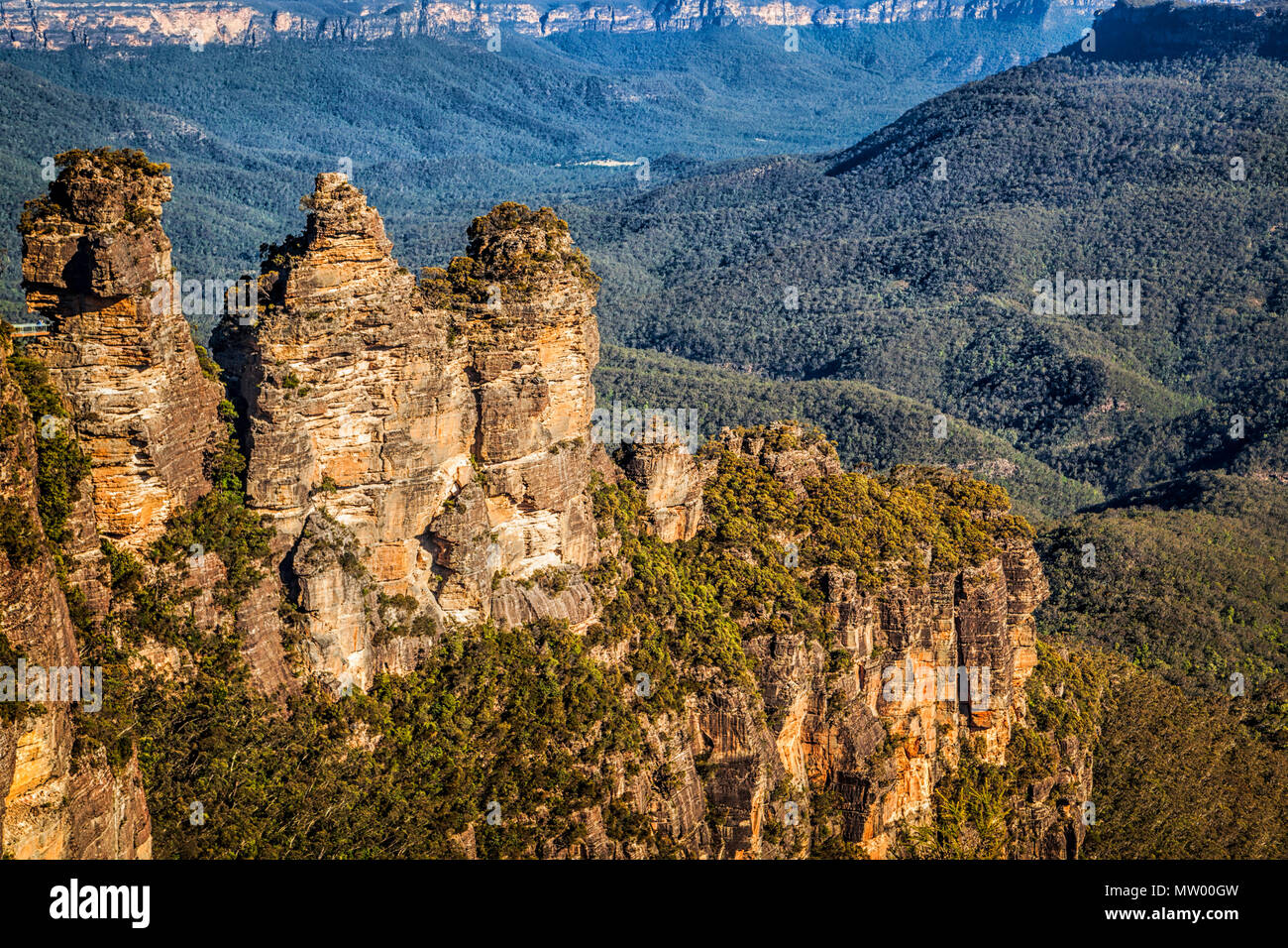 Formazione rocciosa Tre Sorelle, Jamison Valley, Blue Mountains, Nuovo Galles del Sud, Australia Foto Stock