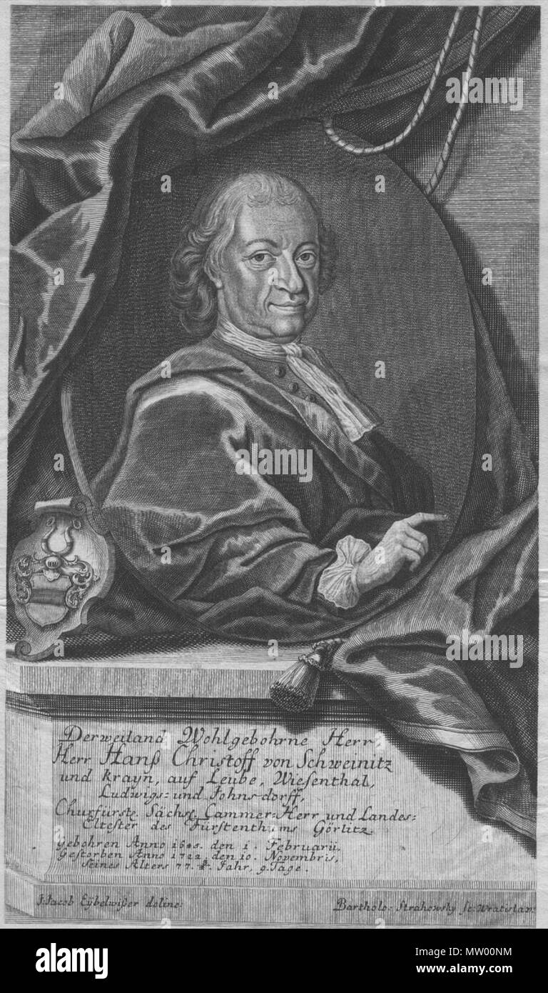 . Inglese: Ritratto di Hans Christoph von Schweinitz (1642/45-1722), incisione su rame 302x175 mm . Data sconosciuta, c. 1725. [Eybelwißer Eybelwieser], j[ohann] Giacobbe <Zeichner>; o. J. - Strahowsky, Bartholo[mäus] <Stecher> 548 Schweinitz HC C1771 Foto Stock