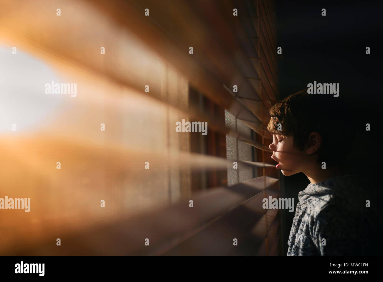 Ragazzo accanto a una finestra guardando attraverso le persiane Foto Stock