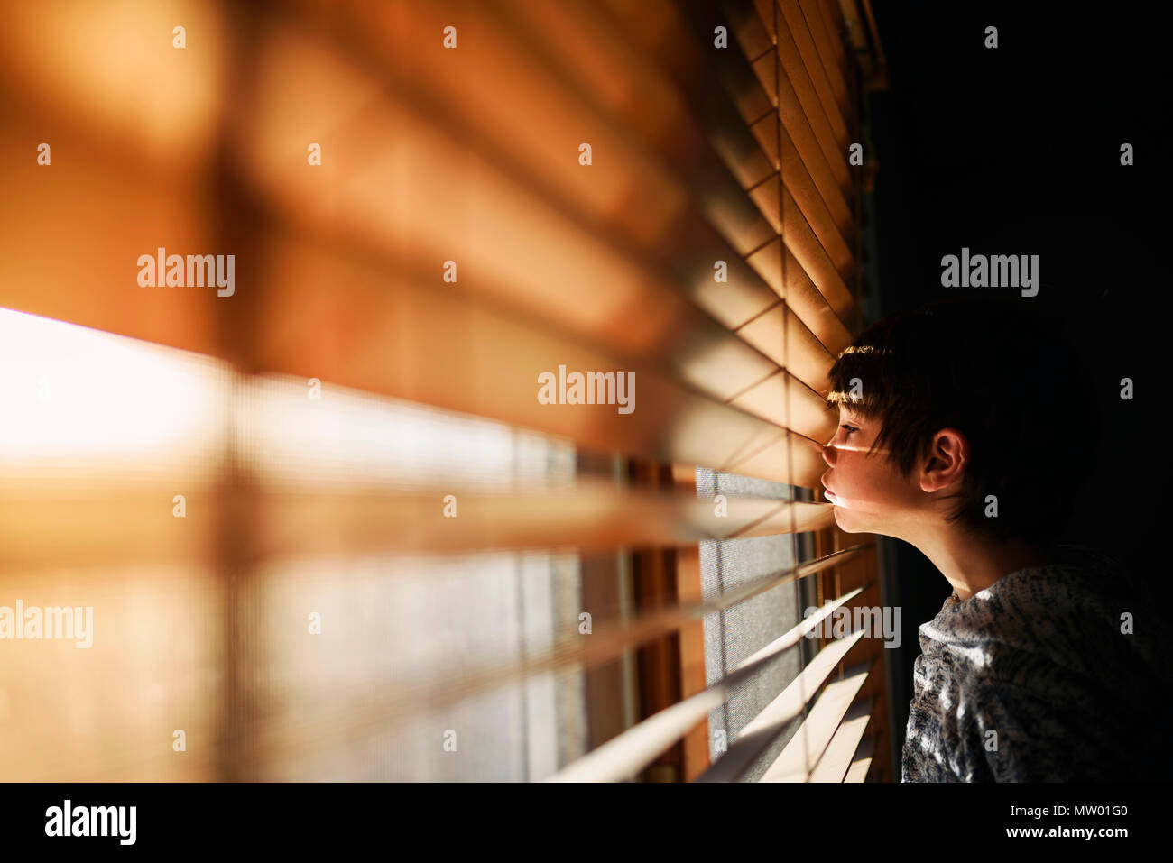 Ragazzo accanto a una finestra guardando attraverso le persiane Foto Stock