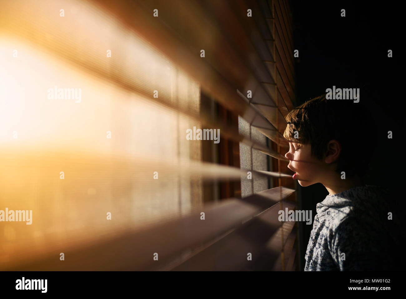 Ragazzo accanto a una finestra guardando attraverso le persiane Foto Stock