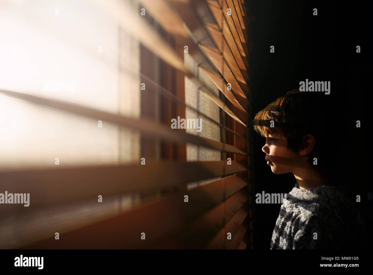 Ragazzo accanto a una finestra guardando attraverso le persiane Foto Stock