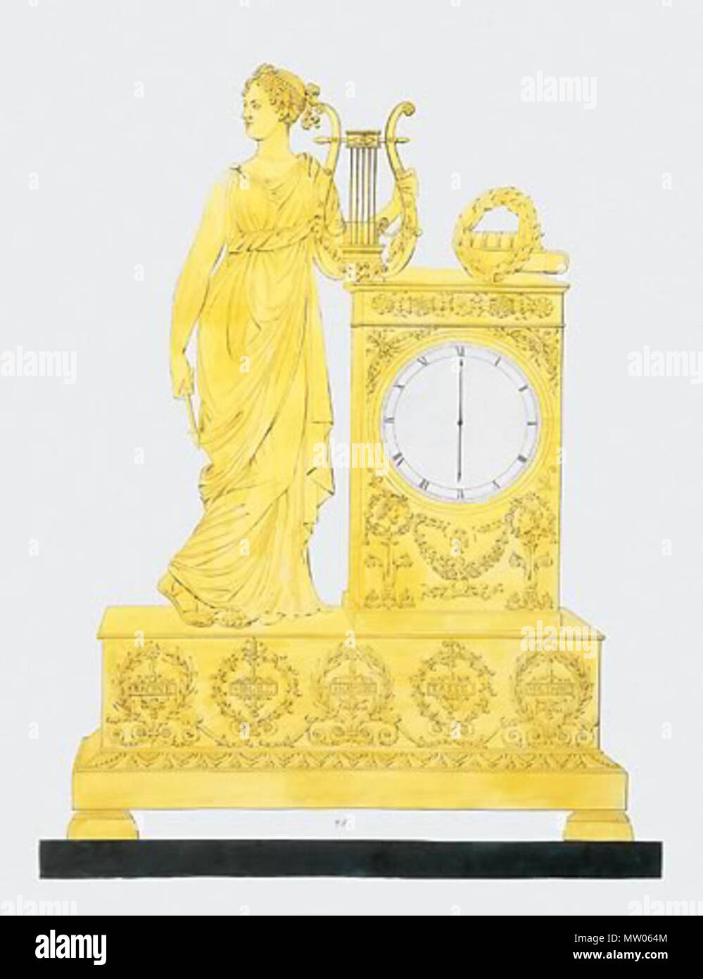 . Inglese: acquerello, gouache e penna e inchiostro su carta vergata. Numerati: 26. Dimensioni: 67,4 cm. da 50,4 cm. Per essere eseguita in bronzo dorato; metallo argentato comporre; marmo nero piattaforma. La Musa in appoggio una lira a fianco di libri e di una corona di alloro su un altare contenente l'orologio, il plinto con un canone letterario di nomi antichi e 'moderne' italiana e francese, da sinistra a destra: Racine, Virgilio, Omero, Tasso e Voltaire. Il dio Apollo era frequentato da nove muse, dee di ispirazione creativa nelle arti dello spettacolo, compresa la poesia, brano di musica e danza. Nel tempo, ogni Musa ipotizza un d Foto Stock