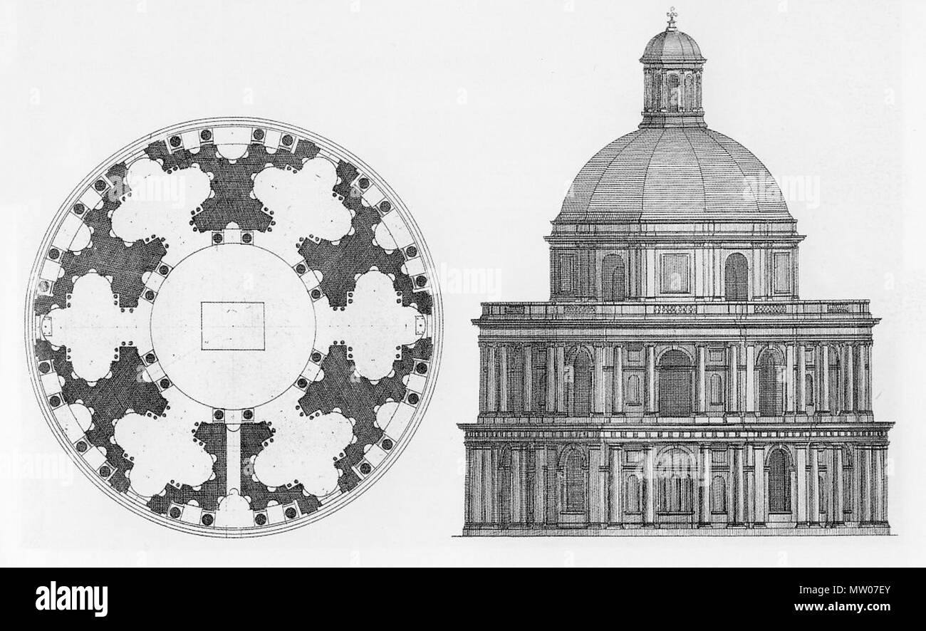 . Incisione di piano e la elevazione della cappella di Valois a St Denis, Parigi. Francesco Primaticcio progettato l'edificio dal 1563, quando iniziarono i lavori.. Incisione di Jean Marot 570 St Denis, in pianta e in elevazione di Valois cappella Foto Stock