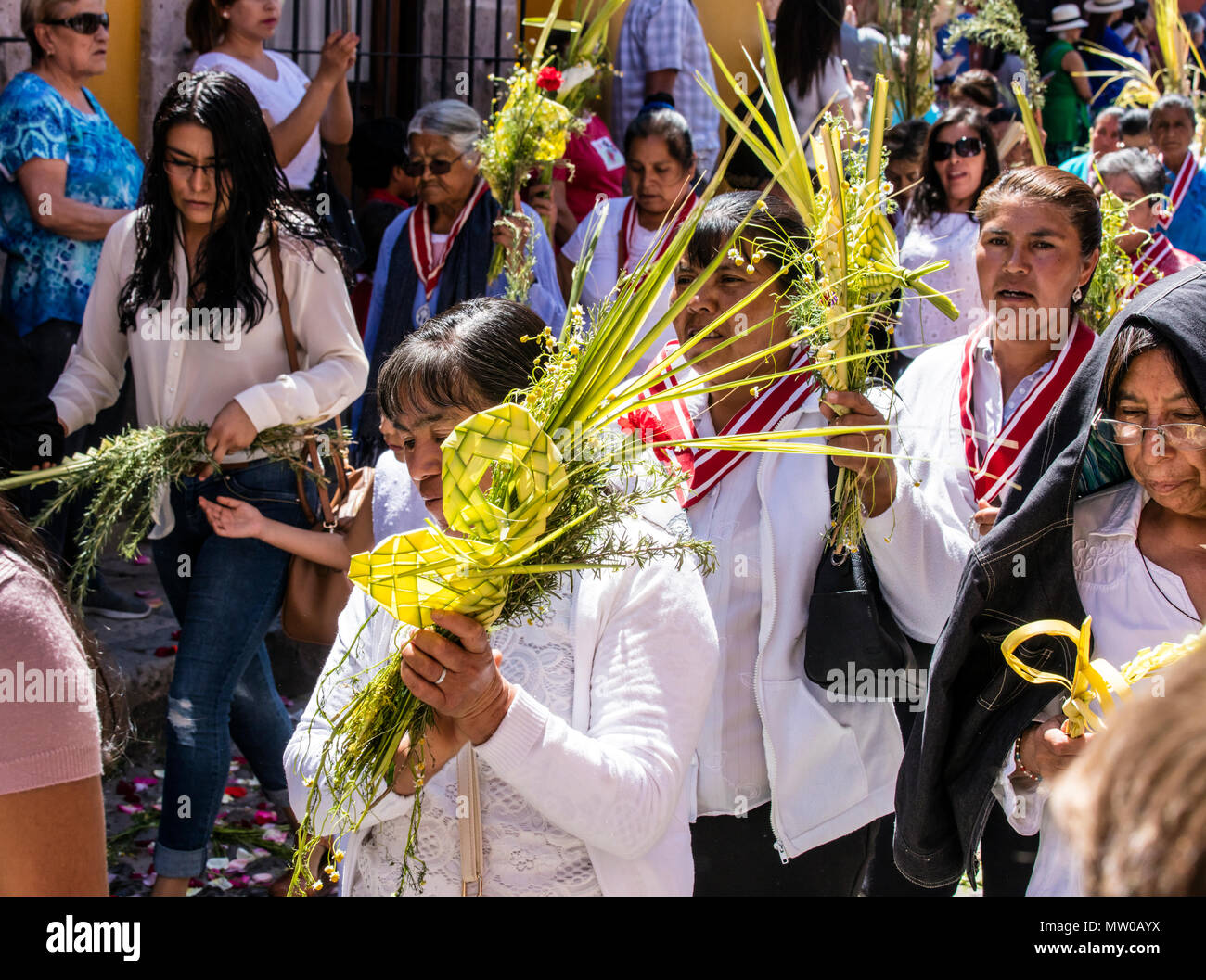 Devoti cattolici portano le fronde delle palme nella processione della Domenica delle Palme dal Parque Juarez al Jardin - San Miguel De Allende, Messico Foto Stock