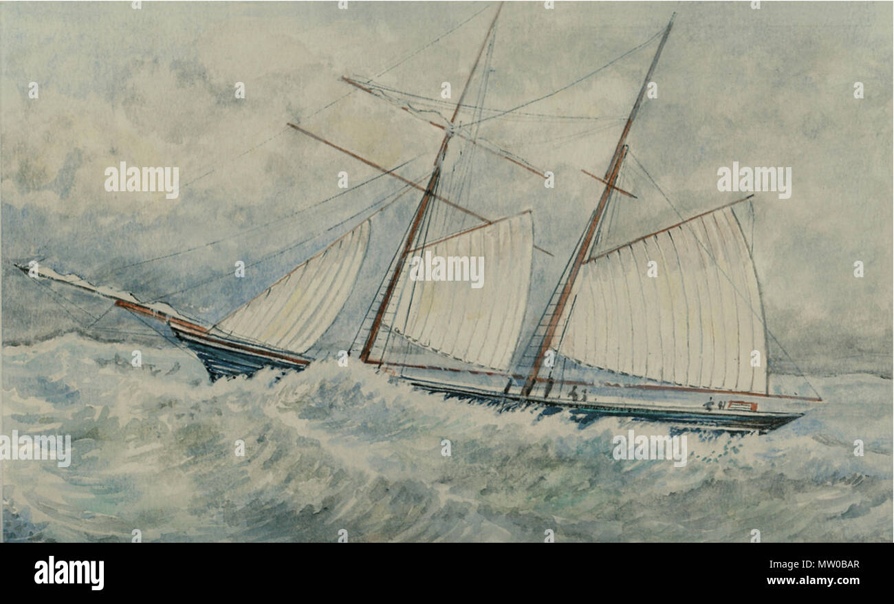 . Inglese: scansione di originali dipinti ad acquerello di la goletta Zenobia. Lanciato il 21 luglio 1868. La nave è stato perso in mare in un periodo compreso tra il 16 Maggio e Giugno 2nd, 1887 sotto il Capitano Samuel Fitzwalter. La pittura è una rappresentazione da sua nipote, Samuel Edward James Fitzwalter. 1 Giugno 1970. Samuel Fitzwalter 547 Schooner Zenobia Foto Stock