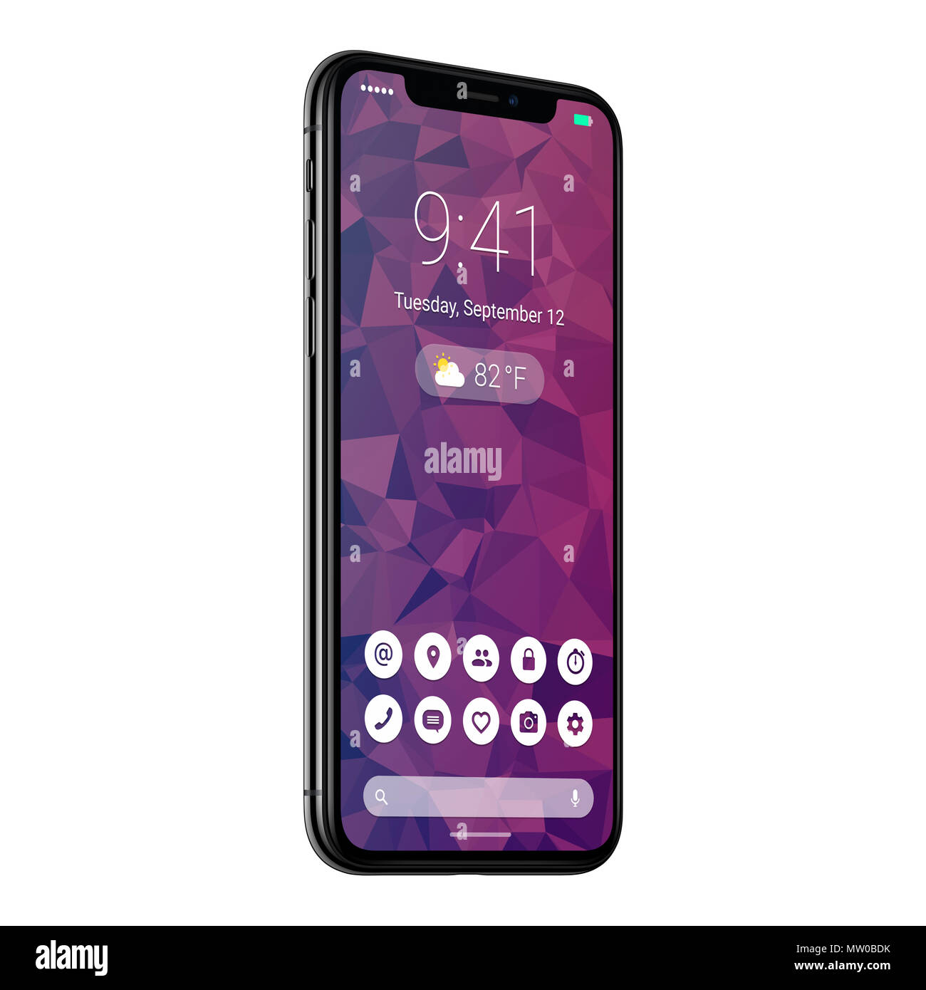 Girato prive di telaio concetto dello smartphone con design di materiale piatto interfaccia UI simile a Android P. Foto Stock Girato prive di telaio concetto dello smartphone con design di materiale piatto interfaccia UI simile a Android P. Foto Stock