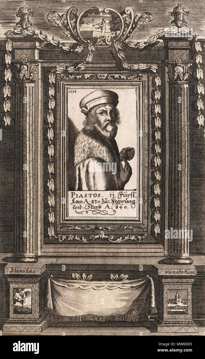 . Deutsch: Piast (auch Piast der Rademacher † um 870) guerra nach Gallus anonimi ein Fürst der Polanen im 9. Jahrhundert nach dem Sturz des Popiel. Inglese: Piast il Wheelwright - era un semi-figura leggendaria nel medioevo in Polonia (IX secolo), il fondatore della dinastia dei Piast. Polski: Piast - (łac. Passato Ckosisconis, także Piast Kołodziej) - legendarny protoplasta dynastii Piastów; ojciec Siemowita. . Giro di 17/18secolo. Sconosciuto 481 Piastus Foto Stock