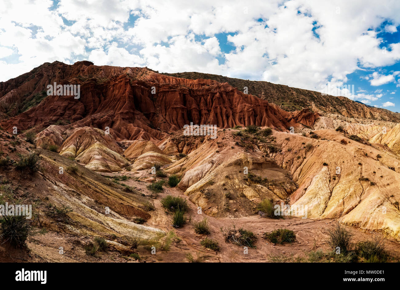 Panorama di Skazka aka canyon da favola, Issyk-Kul, Kirghizistan Foto Stock