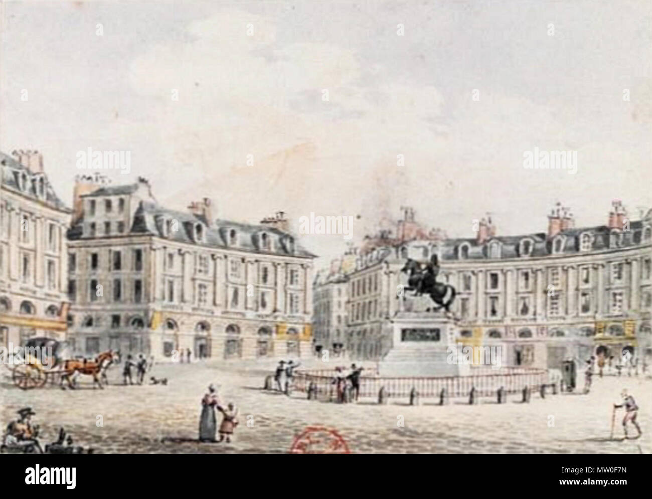 . Français : Place des Victoires, Parigi, par Victor-Jean Nicolle (1754-1826). Aquarelle, 6,7 x 9,5 cm, en provenienza de la collezione Hippolyte Destailleur. Tra il 1800 e 1826. Nicolle Victor-Jean 486 Place des Victoires da Victor-Jean Nicolle Foto Stock