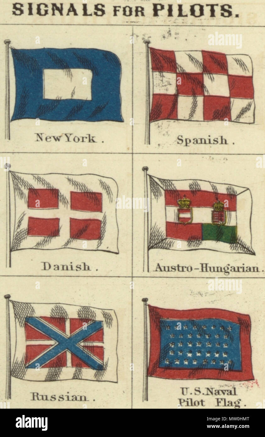 . Inglese: segnali per i piloti. Johnson nuovo grafico di emblemi nazionali, 1868.A.jpg Johnson nuovo grafico di emblemi nazionali. La stampa mostra le bandiere dei vari paesi, quelle percorse da navi e il 'Signals per piloti." nell'angolo in alto a sinistra è il 'degli Stati Uniti 37-stella bandiera, nell'angolo in alto a destra è il "Royal Standard del Regno Unito Gran Bretagna & Irlanda'; nell'angolo in basso a sinistra è il "russo" Standard e nell'angolo in basso a destra è il 'Standard francese." Il flag su questo foglio differiscono leggermente da quelli su di un altro foglio numerato 4 [top left] e 5 [alto a destra]. 1868. Foto Stock