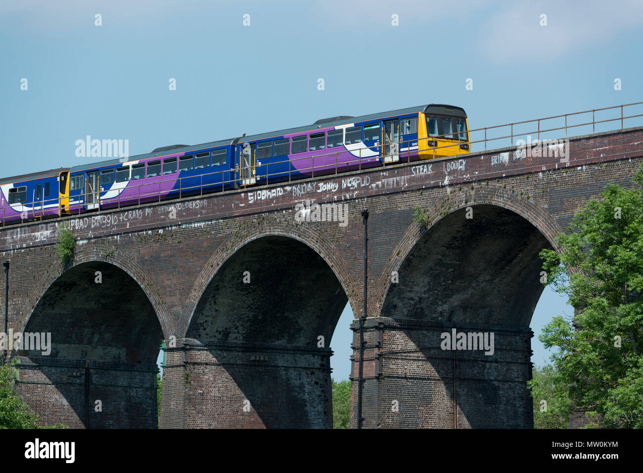 Una rampa settentrionale pacer treno passa su un viadotto ferroviario che attraversa rossastro Vale Country Park a Stockport, Greater Manchester, Regno Unito Foto Stock