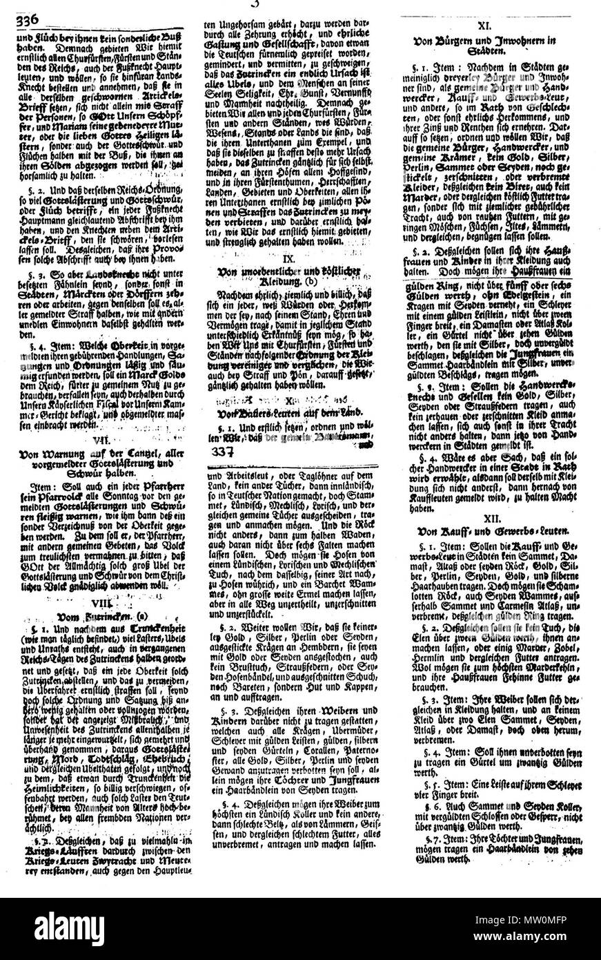 . Deutsch: Römischer Käyserlicher Majestät Ordnung und guter riforma Policey, im Heiligen Römischen Reich, zu Augspurg Anno 1530.auffgericht. (Polizeiordnung von Karl V. 1530) Blatt 3 . Il 23 novembre 2008. Merker Berlin 489 PO 1530 3 Foto Stock