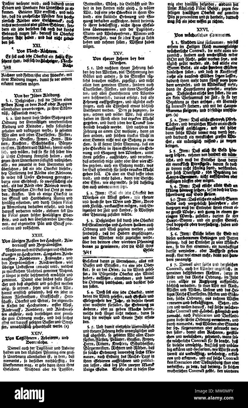 . Deutsch: Römischer Käyserlicher Majestät Ordnung und guter riforma Policey, im Heiligen Römischen Reich, zu Augspurg Anno 1530.auffgericht. (Polizeiordnung von Karl V. 1530) Blatt 5 . Il 23 novembre 2008. Merker Berlin 489 PO 1530 5 Foto Stock