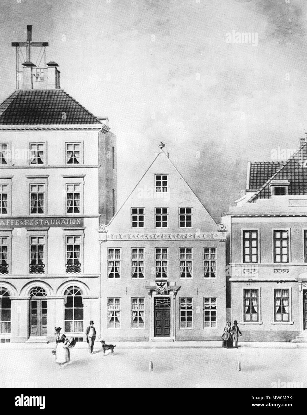 . Inglese: Eastside del Domshof quadrato attorno al 1850 a Brema (Germania) con l'ottica stazione del telegrafo sulla parte superiore della casa no. 16 (in seguito chiamati anche Rabe-Haus). Deutsch: Ostseite des Domshof in Bremen um 1850 mit der Station des optischen Telegraphen auf dem Dach des Hauses Nr. 16 (später auch genannt Rabe-Haus). 1851. Anton Lowtzow 167 Domshof - Bremen - 1851 Foto Stock