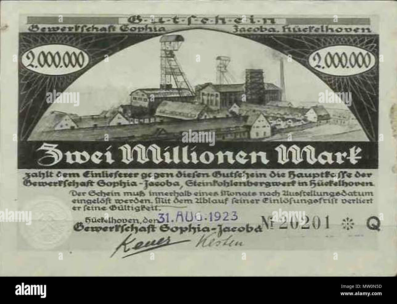 . Deutsch: Infaltionsgeld der zeche Sophia Jacoba 1923 . 1923. Anonimo 567 SophiaJacobaInfaltion Foto Stock