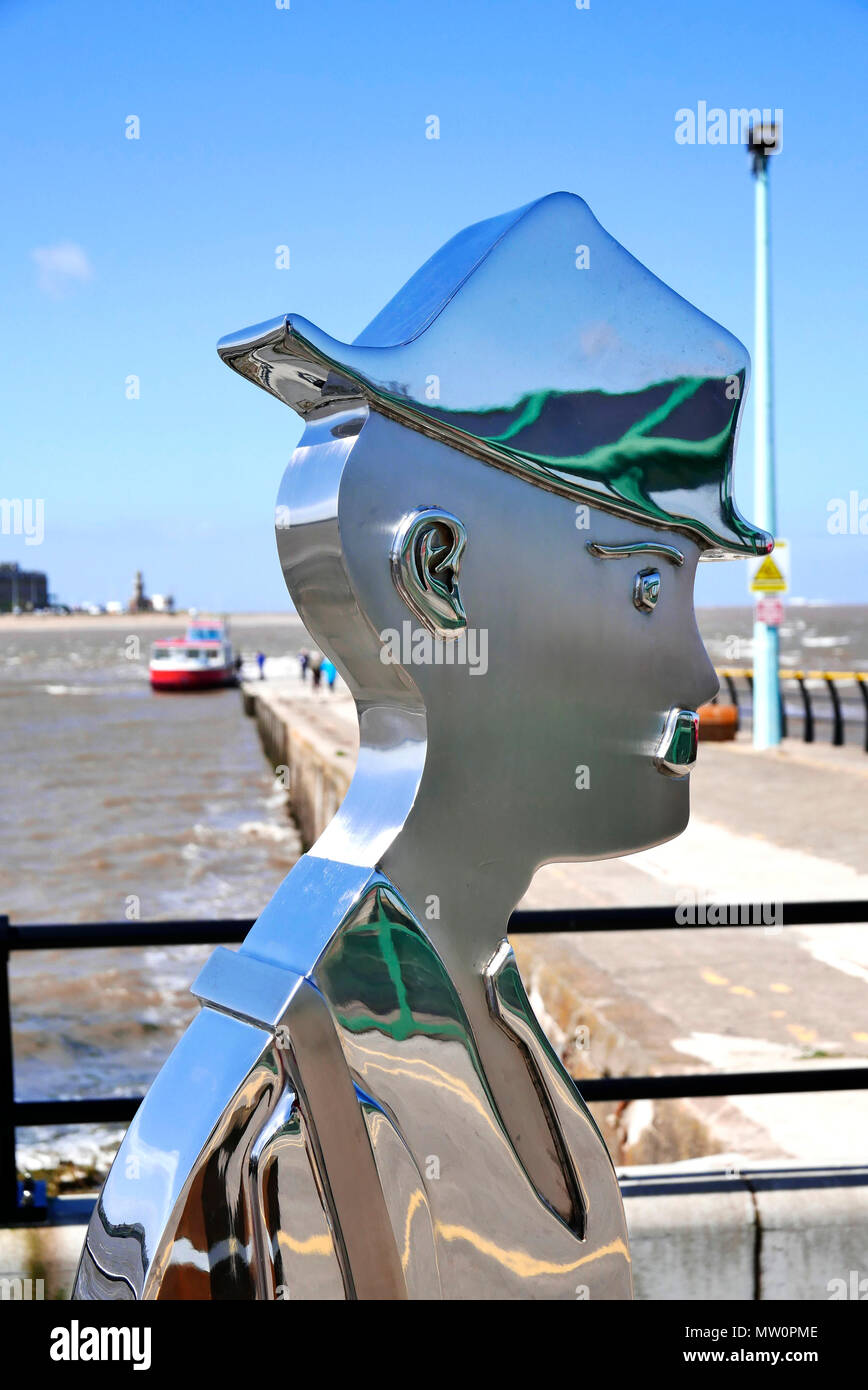 Matchstick man scultura sul lungomare di Knott fine,basato su dipinti di Lowery LS Foto Stock