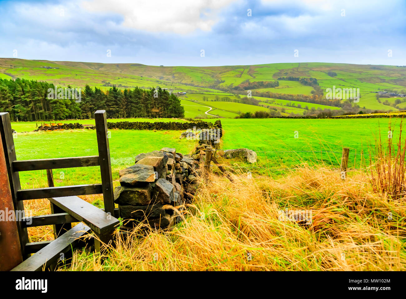 Un stile sul rotolamento passeggiate verdi colline del Derbyshire Foto Stock