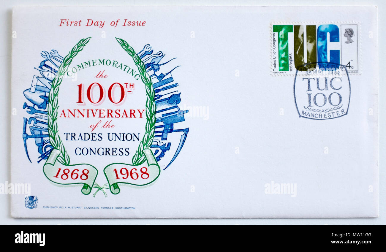 1968 Primo Giorno timbro coperchio GB Sindacato Congresso TUC 100 Anniversario Foto Stock