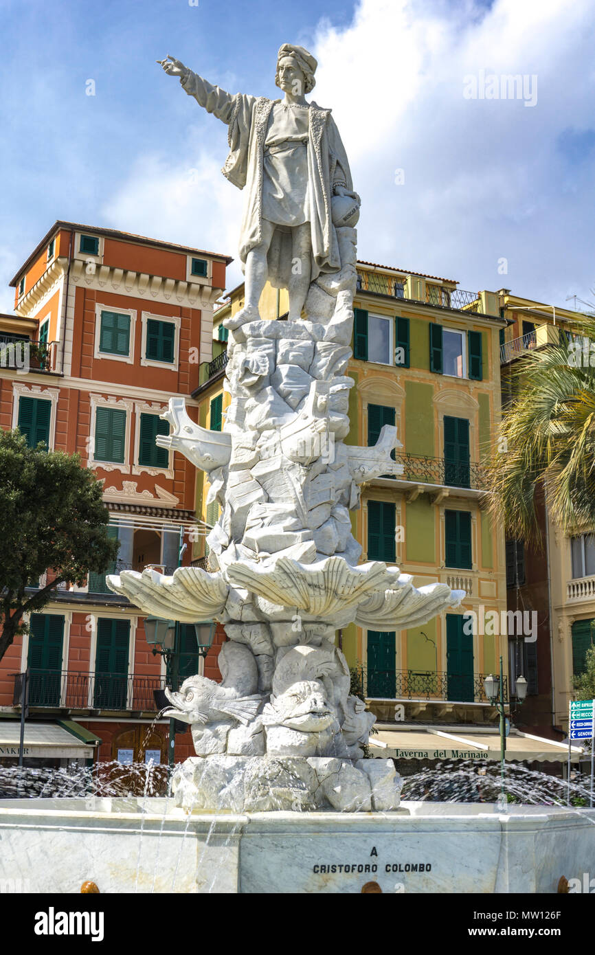 SANTA MARGHERITA LIGURE, Italia - 12 Marzo 2018: Monumento a Cristoforo Colombo a Santa Margherita Ligure, Italia. Il monumento è stato creato dallo scultore Foto Stock