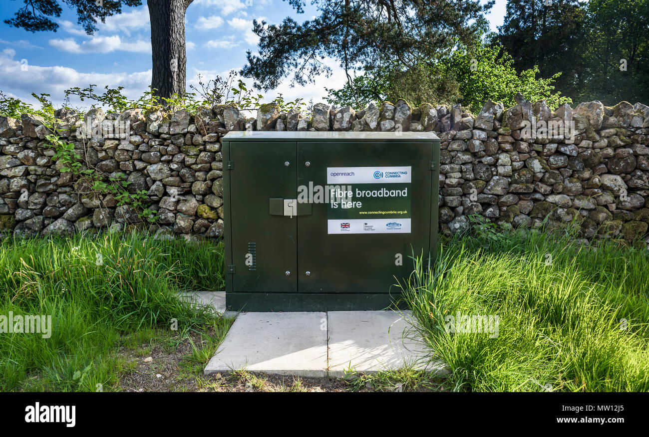 Una fibra a banda larga scatola di giunzione pubblicità l'arrivo in Nether Wasdale, Cumbria, Regno Unito. Foto Stock