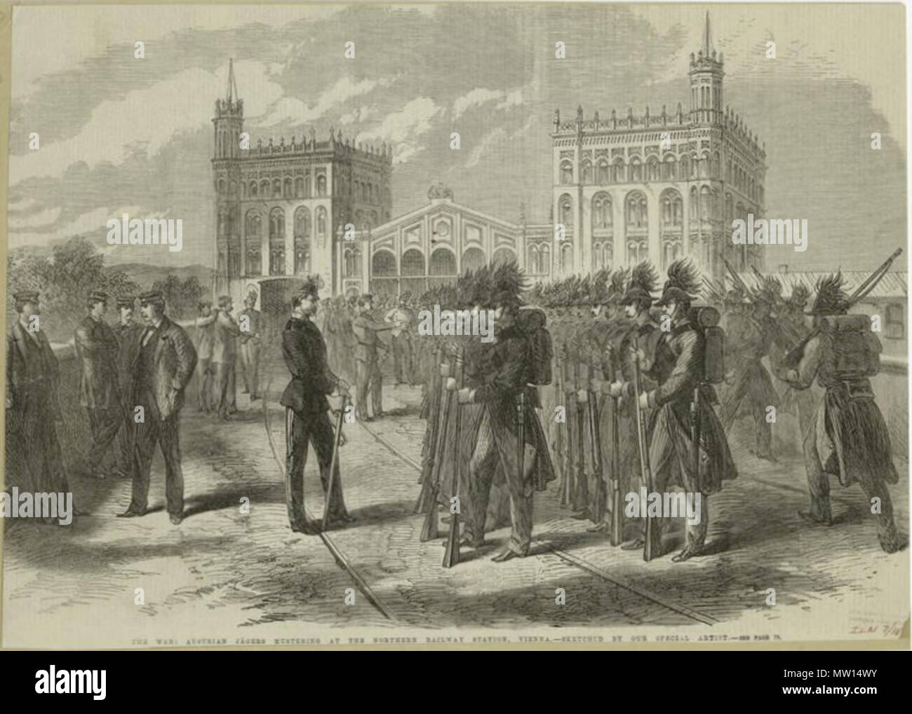 . Inglese: La guerra : Austriaco jägers raduno a nord della stazione ferroviaria di Vienna. prima del 1900. Sconosciuto 448 Nordbahnhof 830089 Foto Stock