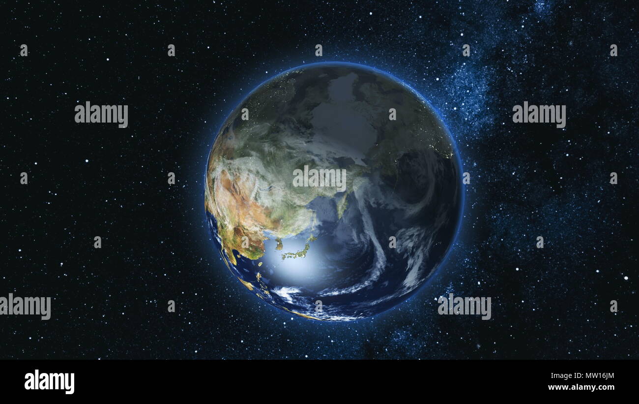Realistico il pianeta Terra, ruotando sul proprio asse nello spazio contro lo sfondo della Via Lattea star sky. Astronomia e concetto di scienza. Continenti e oceani. Elementi di immagine fornita dalla NASA Foto Stock