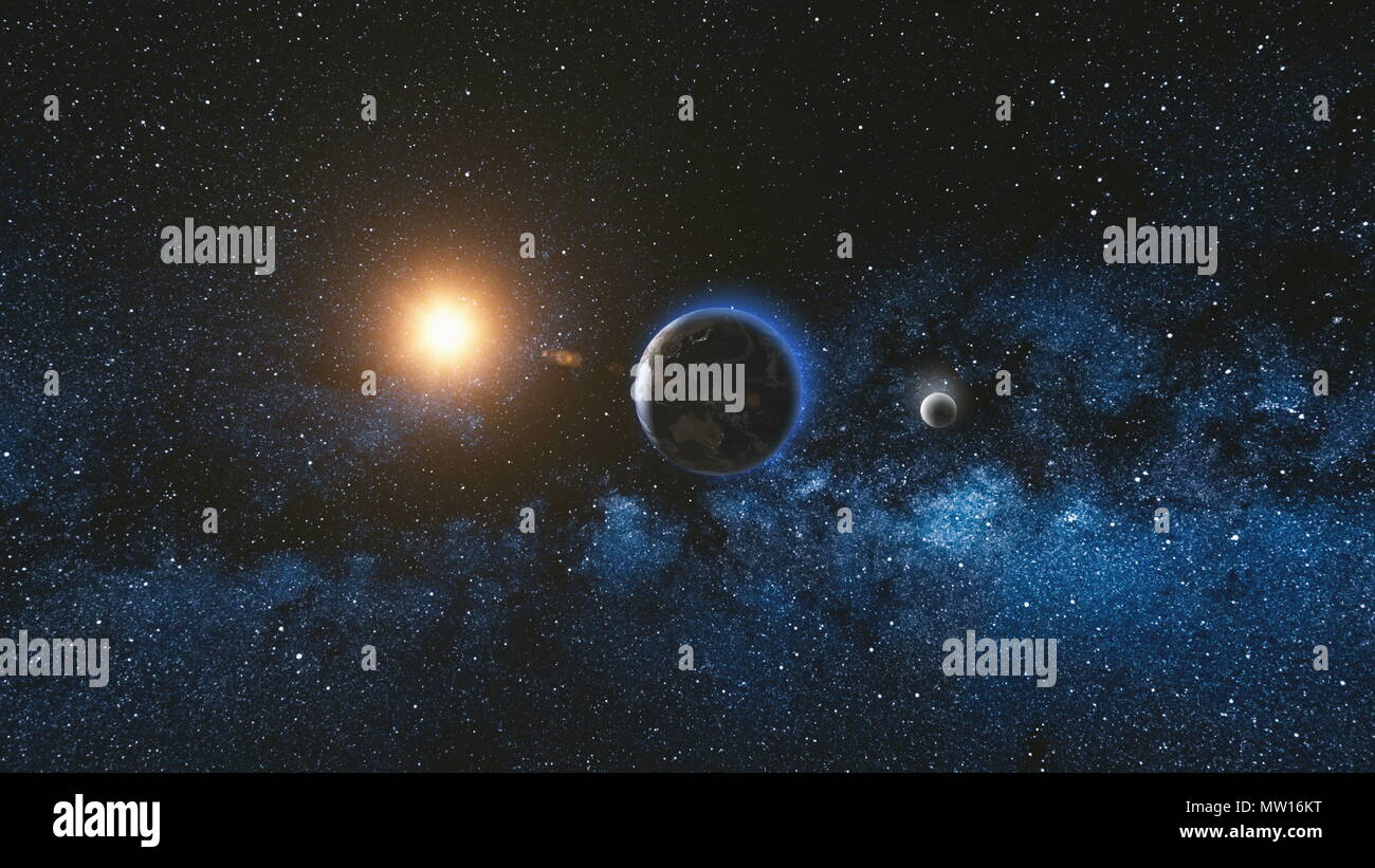 Sunrise vista dallo spazio del pianeta Terra e la luna ruotare nello spazio. Blue sky Via Lattea con migliaia di stelle in background. Astronomia e concetto di scienza. Elementi di immagine fornita dalla NASA Foto Stock