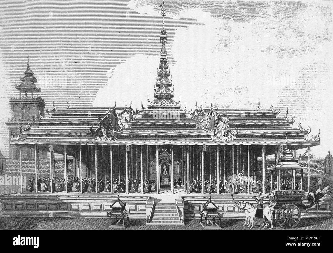 . Inglese: Vista della corte imperiale ad Amarapura (Ummerapoora) e la cerimonia di introduzione. Inglese: pubblicato il 1 Novembre 1799 da G. Nicol. Pall Mall & J. Wright, Piccadilly, Londra. . Inglese: disegnato da Singey Bey, inciso da T. Medland. 41 Amarapura palace Ambasciata Britannica Michael Symes 1795 Foto Stock