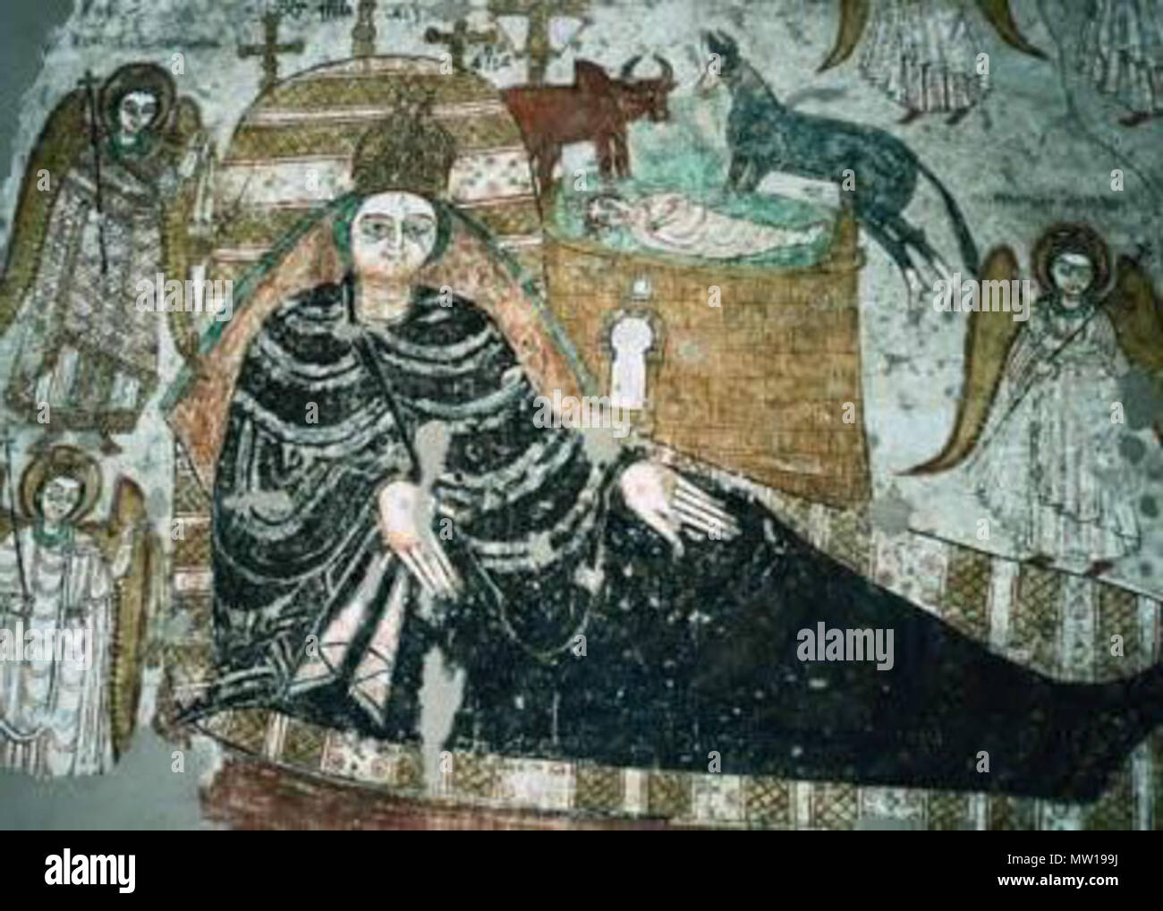 . Deutsch: Fresko in der Kathedrale in Faras, Sudan, das die Geburt Jesu zeigt inglese: affresco nella cattedrale di Faras, Sudan, che mostra la nascita di Gesù - NB, immagine è invertita dall'originale . 10./11. secolo. Sconosciuto 580 Sudan Farras affresco della cattedrale 22Dez2005 Foto Stock