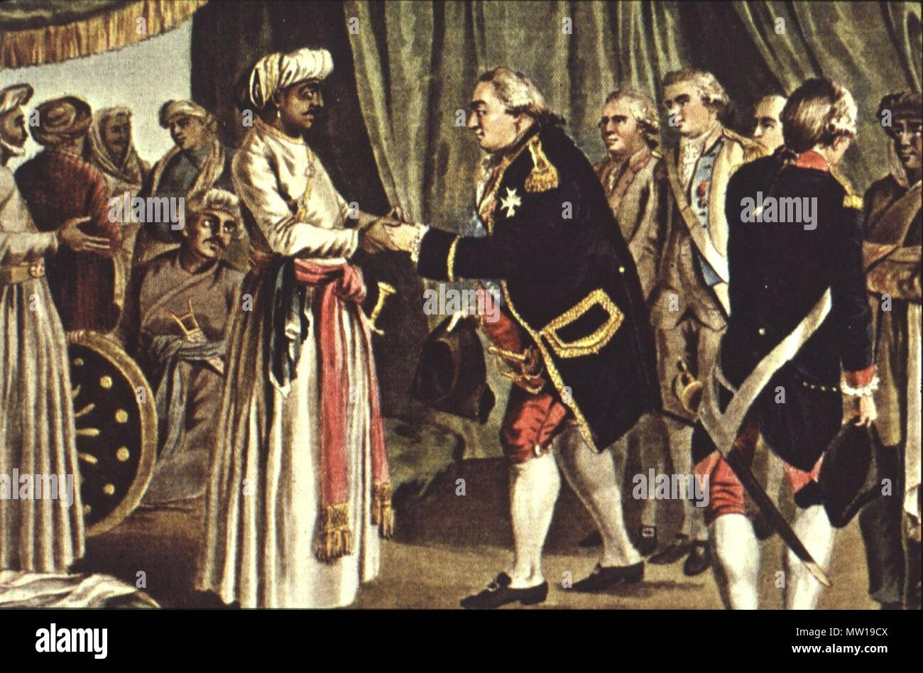 . Inglese: Jean Baptiste Morret: Incontro di Pierre-André de Suffren de Saint Tropez (1729-1788) e Haider Ali (1728-1782), incisione, Francia.[1] Français : Jean Baptiste Morret: rencontre de Pierre-André de Suffren de Saint (1729-1788) avec Haidar Ali (1728-1782), rotocalcografia, Francia.[2] ↑ Inglese: La riunione ha avuto luogo il 26 luglio 1782 a Cuddalore. ↑ Français: La rencontre eut lieu à Gondelour le 26 juillet 1782. . 1789 incisione. Jean Baptiste Morret (actif à Paris de 1790 à 1820) 580 Suffren incontro con Haider Ali, 26 luglio 1782 incisa da J B Morret 1789 Foto Stock