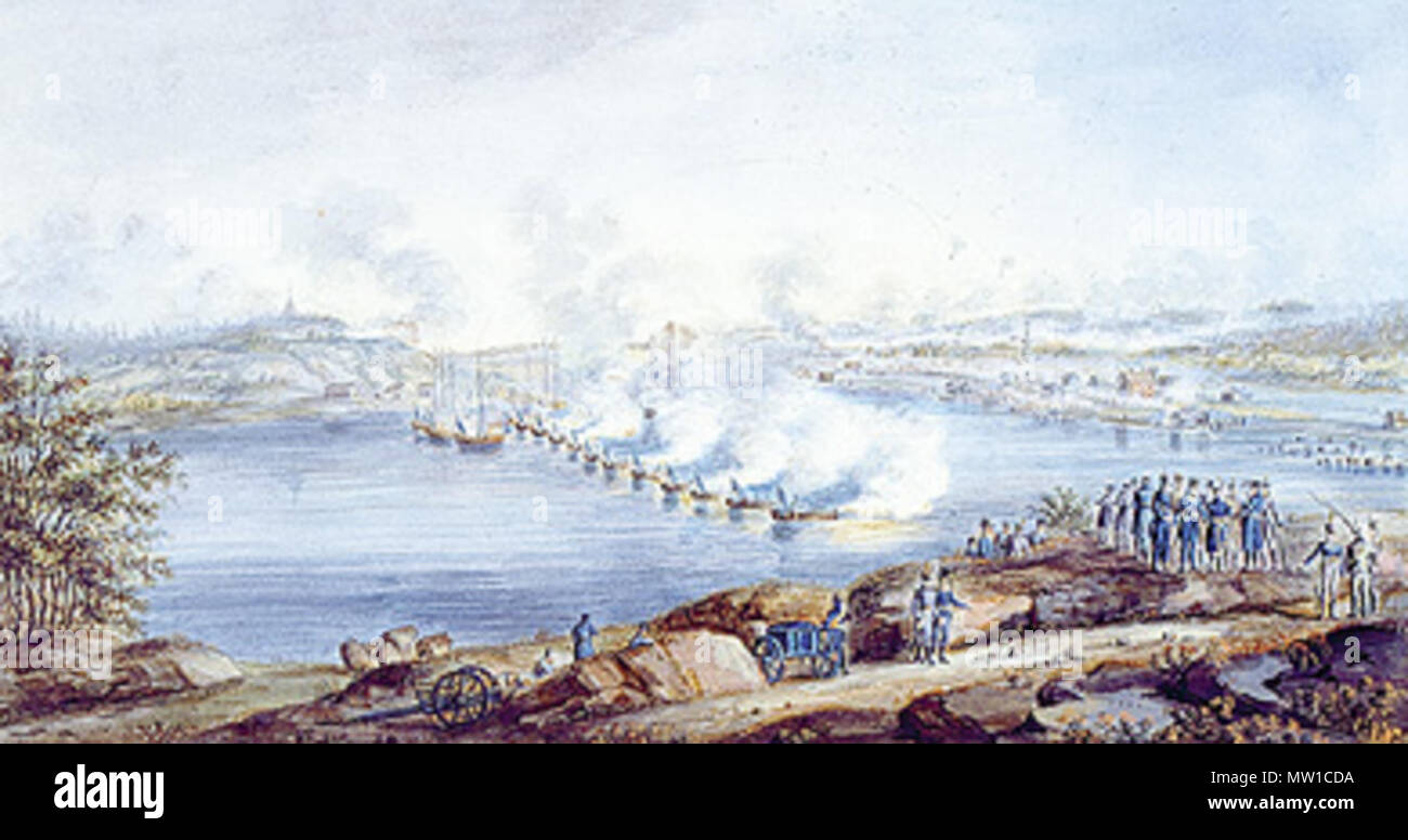 . Inglese: Battaglia di atan, un palazzo del XIX secolo la pittura. 'Ultima battaglia della guerra a atan vicino a Umeå in Svezia Västerbotten' . Xix secolo. Sconosciuto 512 Atan battaglia Foto Stock