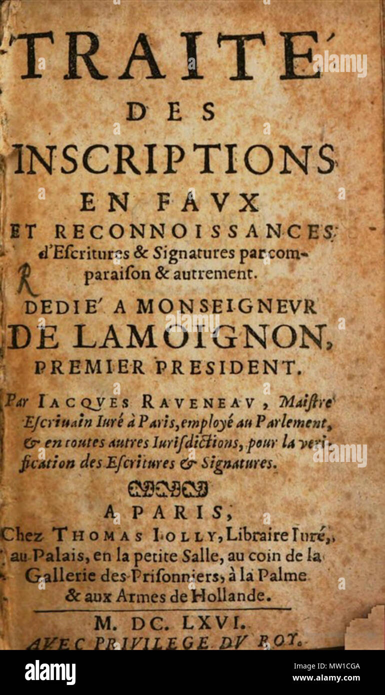. Français : Pagina de titre du Traité des Inscriptions de Jacques Raveneau (Parigi, 1666). München BSB. Il 16 marzo 2016. Jacques Raveneau, Francese master di scrittura. 512 Raveneau 1666 Foto Stock