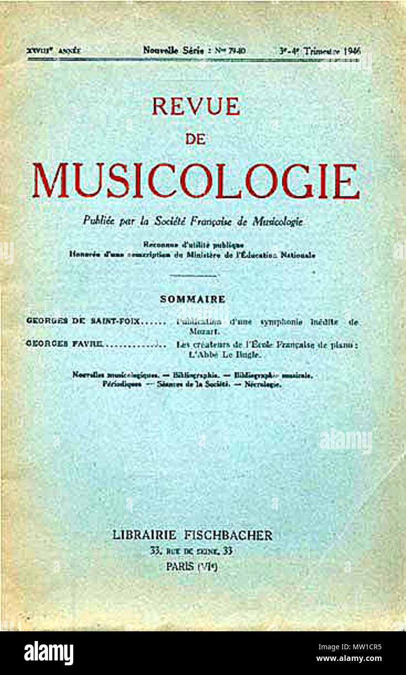 . Inglese: Titolo pagina della Revue de musicologie intorno al 1946 . Il 25 maggio 2016. La Société Française de Musicologie 513 RDM 1946 Foto Stock