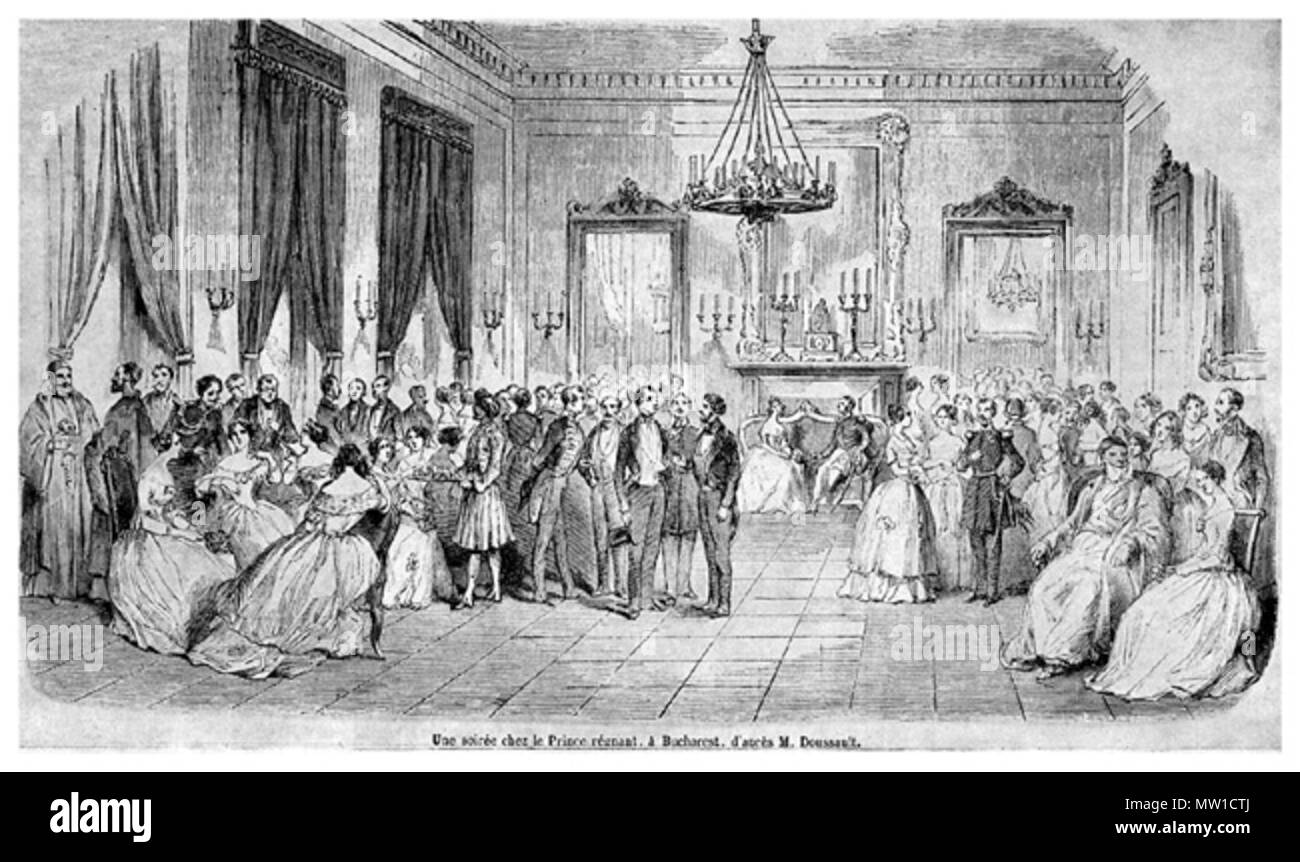 . Inglese: ricevimento nel Palazzo Reale di Bucarest per onorare il Principe Alberto di Prussia nel 1843, incisione su legno 13.5x23.5cm Română: Receptie la Palatul Domnesc din Bucuresti in onorea principelui Albert al Prusiei la 1843, gravura in lemn 10,0x23,5cm . 1843. Inglese: sconosciuto Română: necunoscut 513 Reception a Palatul Domnesc, 1843 Foto Stock