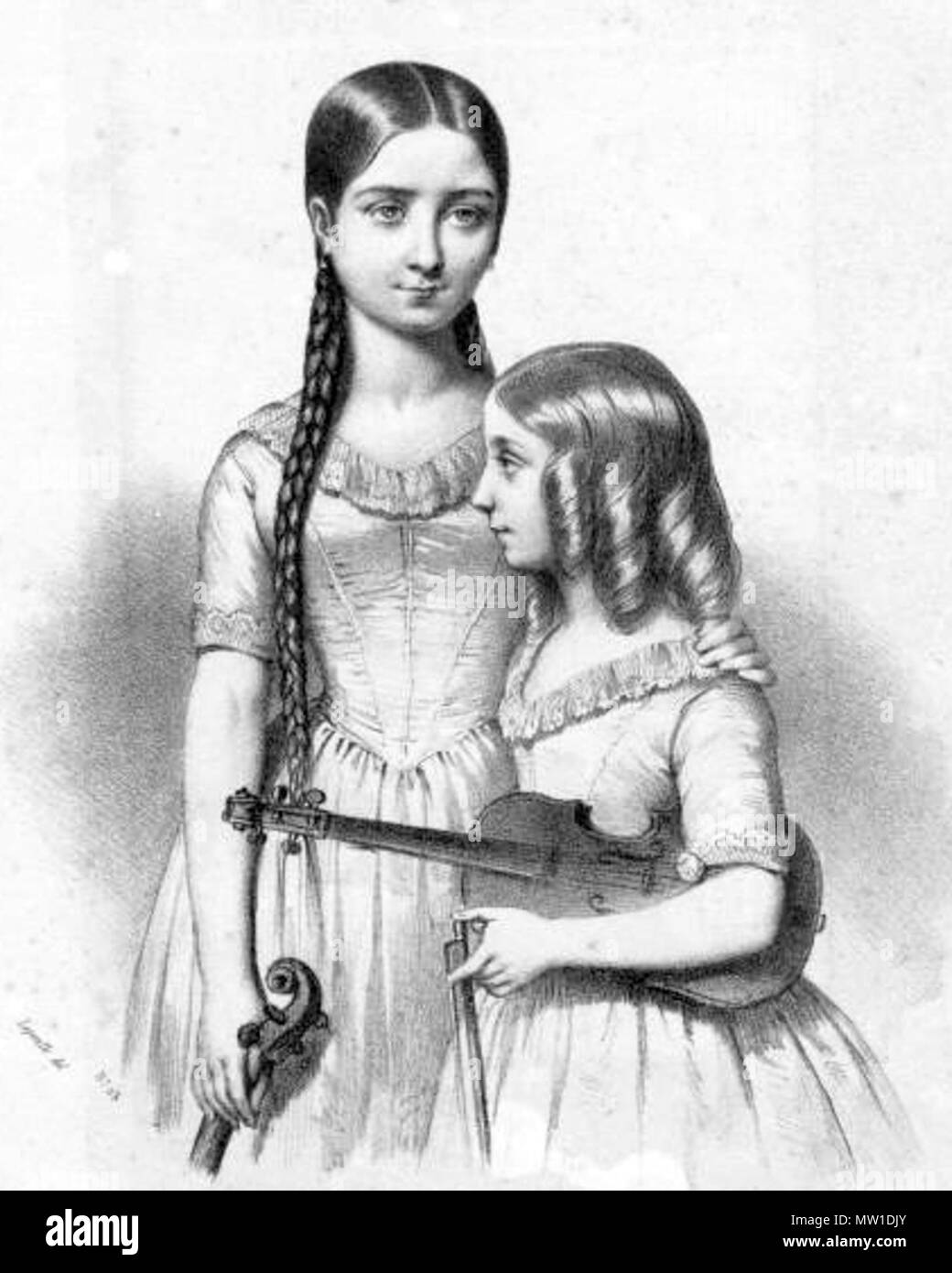 . Inglese: Italiano violinista e compositore Teresa Milanollo (1827-1904) con la sorella Maria. Litografia da Marie-Alexandre Alophe (1812-1883) dopo François-Gabriel Lépaulle (1804-1886). 1841. Alophe Marie-Alexandre dopo François-Gabriel Lépaulle 590 Teresa e Maria Milanollo da Marie-Alexandre Alophe Foto Stock