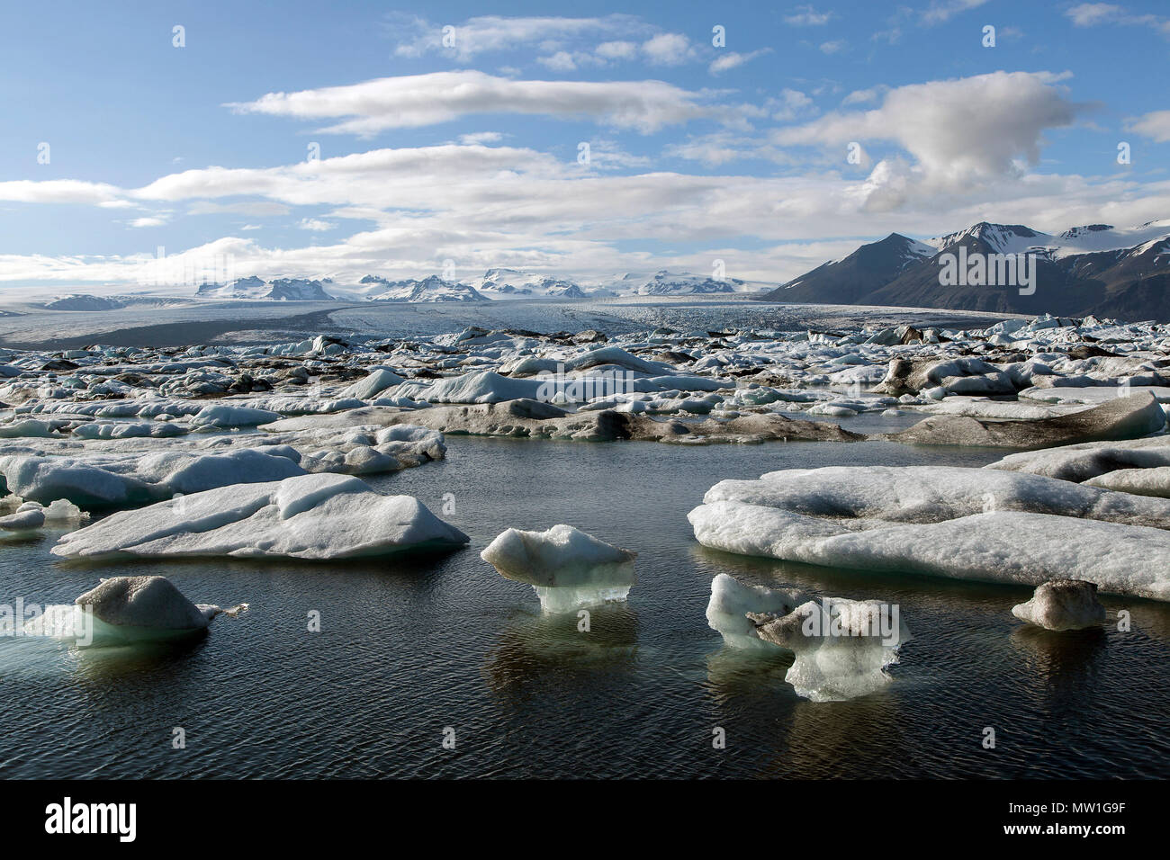 Piccoli iceberg nel lago glaciale, laguna glaciale Jökulsárlón, nel retro ghiacciaio Vatnajökull, Sud Islanda Islanda Foto Stock