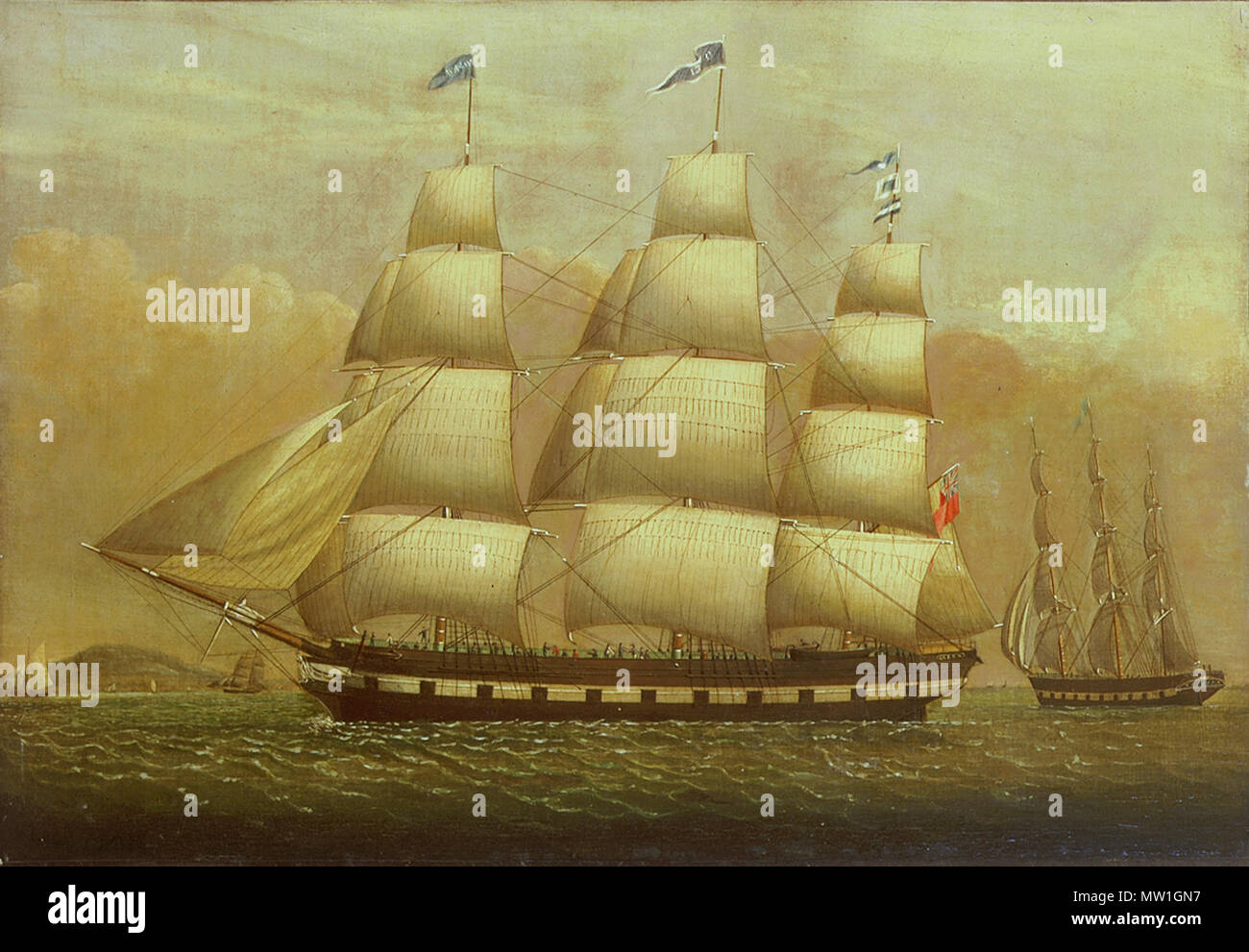 . Inglese: la nave "Regina" . Inglese: un doppio ritratto della nave "Queen' mostrato nave armata e fiancata-a. Probabilmente è stato dipinto in circa 1840. La seconda vista della nave è sulla destra e mostra la nave da poppa. Ci sono un gran numero di figure visibili sul ponte e la nave batte la bandiera con il suo nome inscritto. Non c'è linea costiera di distanza sulla sinistra. . Xix secolo, eventualmente 1840 599 la nave Queen - nmm BHC3570 Foto Stock