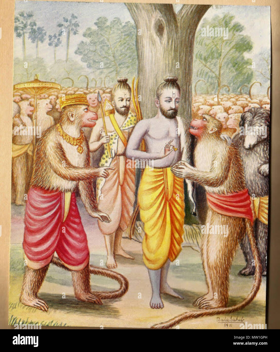 . Il sigillo ad anello . Sugreeva ora risparmiato il suo Monkey vigore guidato da guerrieri grandi come Maruti, Angada e Jambuvanta per aiutare a Rama nella sua ricerca di Sita. Rama descritto di sua moglie funzioni per Maruti per consentirgli di trovare la sua. Egli ha inoltre dato il suo anello di sigillo che Sita potesse identificare. 1916 599 l'anello sigillo Foto Stock