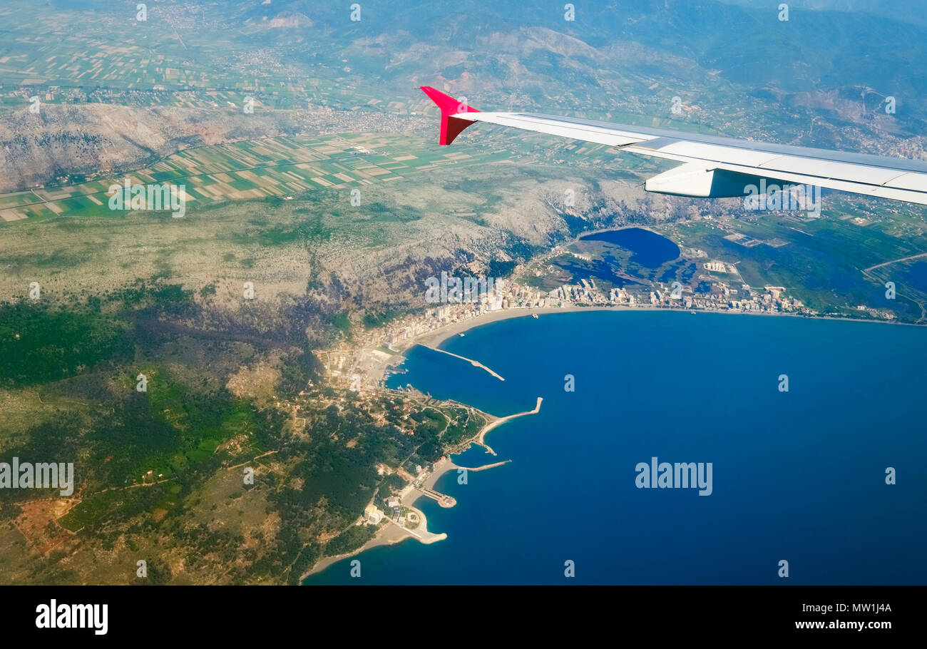 Vista dal piano, costa Adriatica nei pressi di Shëngjin, Shengjin, Albania Foto Stock