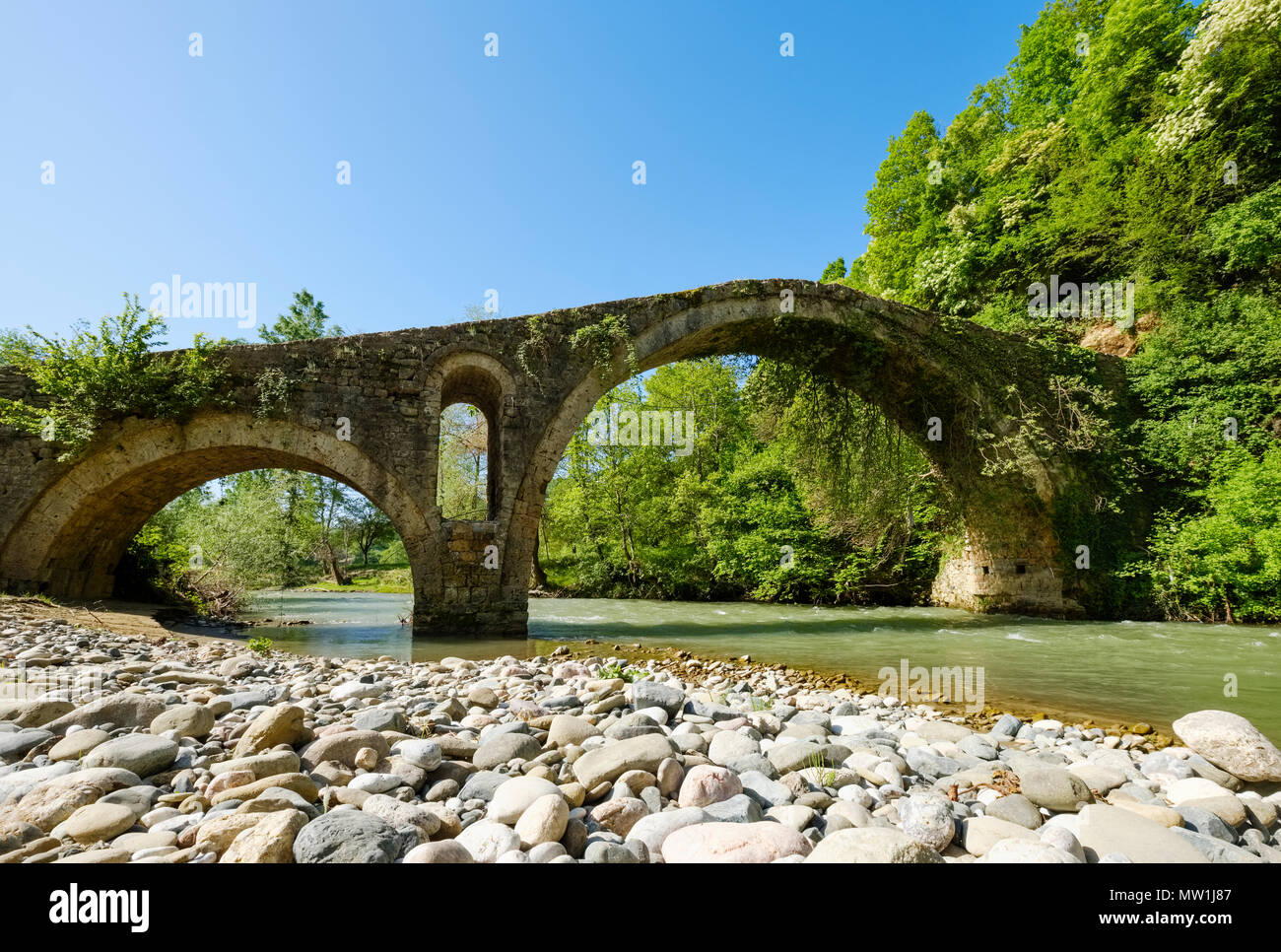 Vecchia pietra ottomano ponte di arco ura e Golikut su fiume Shkumbin, regione Korca, Albania Foto Stock