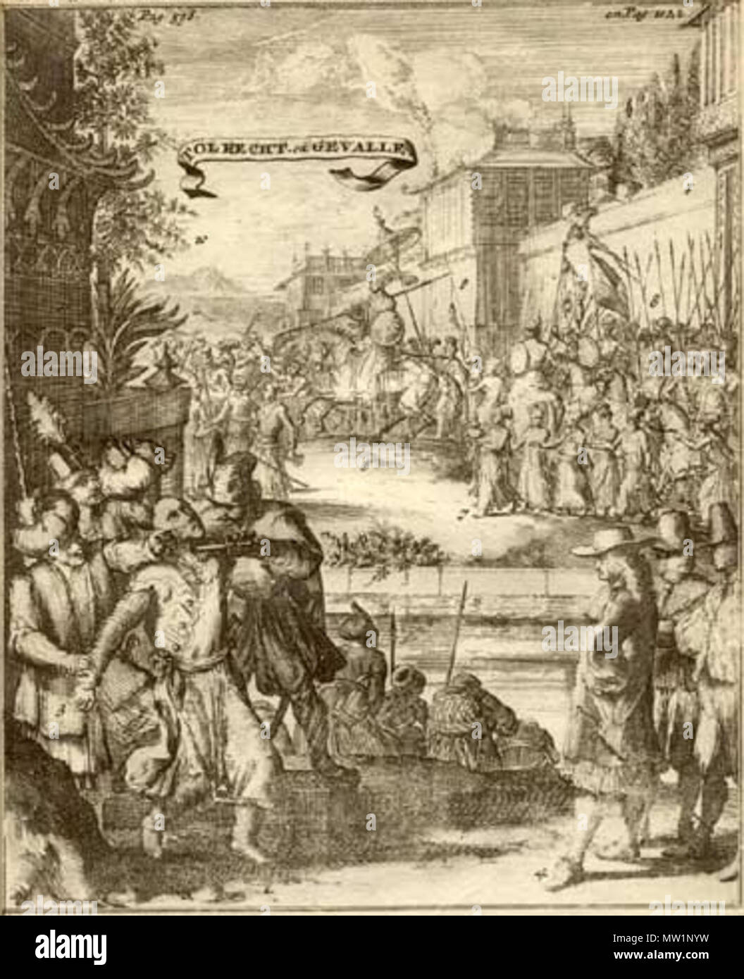 . Inglese: Il Duch, Gesuiti e il re di Golconda-- c.1630's Fonte: ebay, Ottobre 2001 'nella distanza re di Golconda giostre in compagnia dei suoi cortigiani; più vicini a noi una più inquietante dramma è emanata. Tre olandesi a destra guardare con apparente soddisfazione, come un uomo identificato come un gesuita è grippato e apparentemente pugnalato nella parte anteriore di un pedaggio house. I dettagli dell'evento registrato in questo vivace scena sono purtroppo manca; esso proviene da una pubblicazione, probabilmente del 1630s, Olandese della Compagnia delle Indie Orientali. Una immagine di un gesuita ricezione di giustizia sommaria nel presen Foto Stock