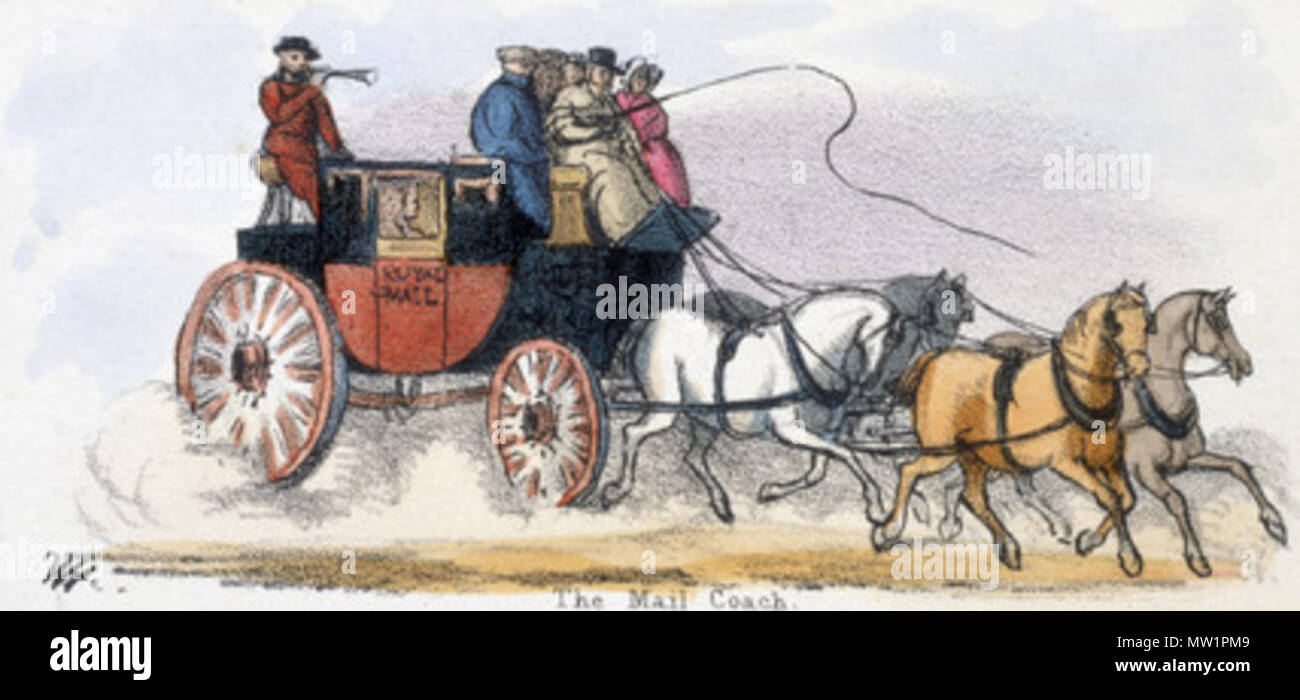 . Vignette da una lastra litografica che mostra una mail coach tirato da cavalli. Preso da "Il Cavallo' in 'Grafica illustrazioni di animali - Mostra della loro utilità per l'uomo nel loro lavoro durante la vita e usa dopo la morte" (1845), un libro illustrato da Benjamin Waterhouse Hawkins. Il miglioramento della rete ferroviaria nella metà del XVIII secolo ha portato alla introduzione della mail pullman nel 1784, fornendo un combinato pasenger e servizio di recapito di posta. Mail è stato stivato sia nell'foreboot al di sotto del cocchiere e piedi nel vano posteriore. Il pullman portava quattro pasengers interno e quattro più su t Foto Stock