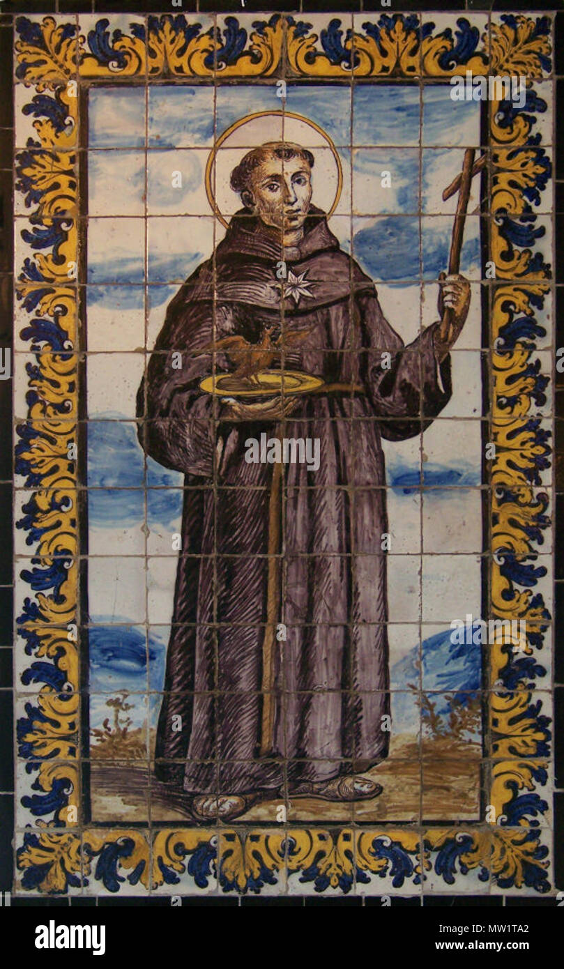 . Inglese: San Nicola da Tolentino, targhetta in ceramica a Siviglia, vecchio convento di Santa Paula Español: Retablo cerámico de San Nicolás de Tolentino; en el vestíbulo del Museo de Bellas Artes, Plaza del Museo, Sevilla . circa 1670. sconosciuto (pittura) / Antonio Entrena Aznarte (foto) 609 TolentCerma Foto Stock