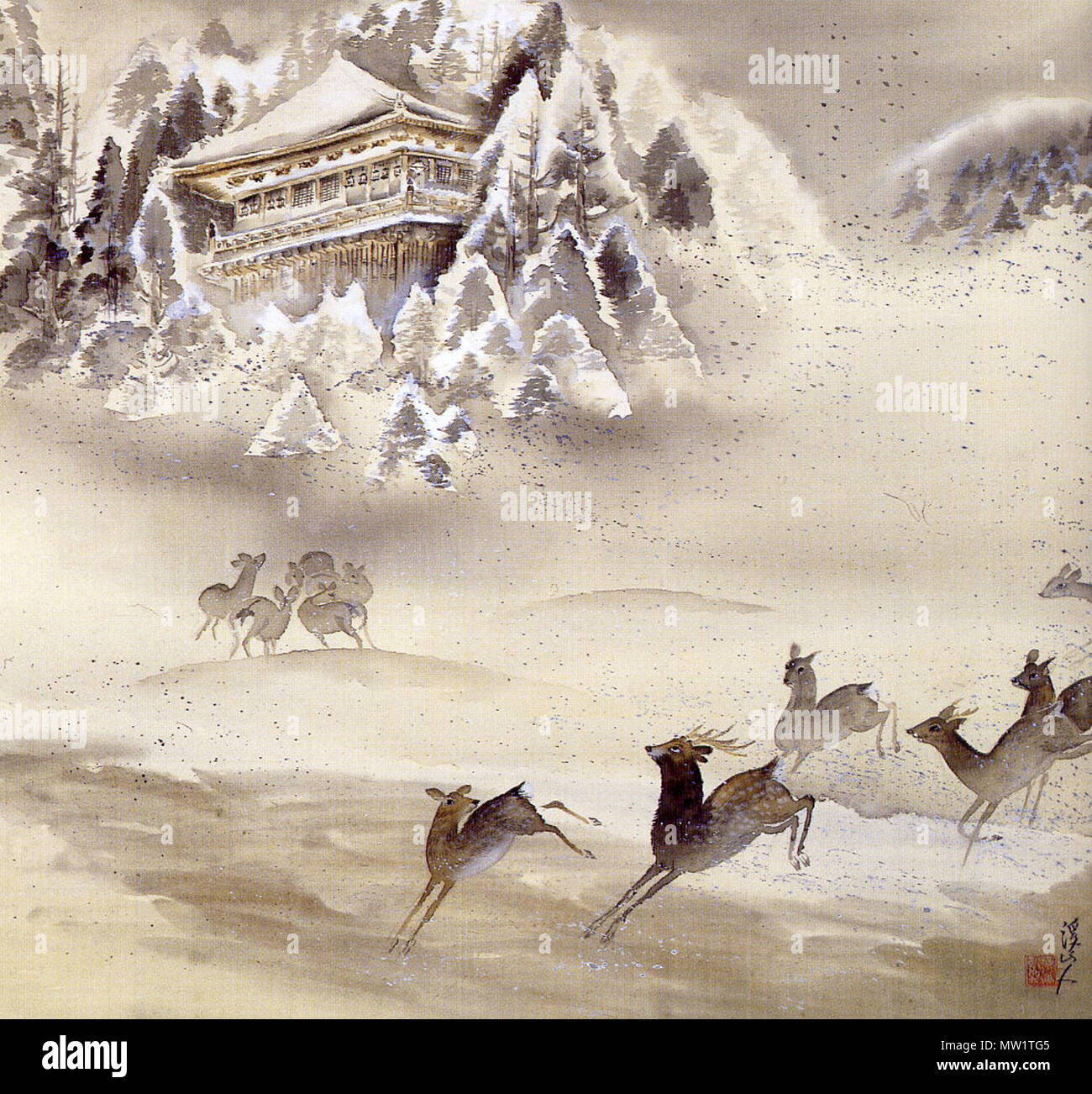 . Inglese: Tomita Keisen: Cervo nella neve, 1930. Inchiostro e colore su seta, 66x72 cm. Kyoto Museo Comunale d'arte. 1930. Tomita Keisen, morì nel 1936 610 Tomita-Deer-1930 Foto Stock