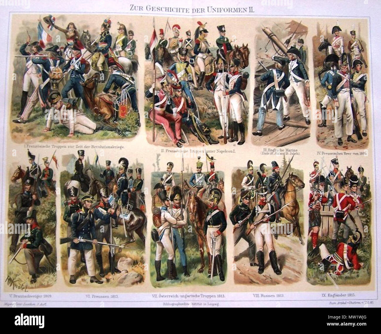 . Русский: Военная форма: 1.Армии революционной Франции, 2.Армии Наполеона I, 3.Британского королевского ВМФ (конец XVIII в.), 4.Прусской армии 1806 г., 5.Армии Брауншвейга 1809 г., 6.Армия Пруссии 1813 г., 7.Австро-Венгерская армия 1813 г., 8.Русская армия 1813 г.,9. Армия Великобритании 1815 г. 1898. op sconosciuto 621 UNIFORMEN 1898 Foto Stock