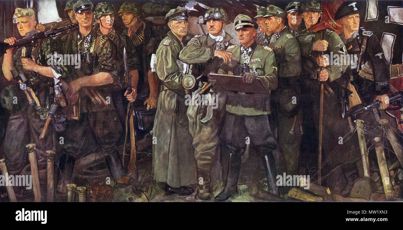 . Inglese: una foto di Leibstandarte Adolf Hitler con membri del cavaliere la croce della croce di ferro di prima classe: Gerd Pleiss, Kurt Meyer, Gerd Bremer, Josef Dietrich, Theodor Wisch, Fritz Witt, Heinrich Springer e Otto Skorzeny. Finanziati da prestiti esteri, in cui i contratti di esportazione ha dovuto essere chiuso incondizionatamente e preferibilmente un esercito è stato costruito. Tali accordi sono stati conclusi e onorato con bonus per il completamento di miopi obiettivi, che sono nascosti e sono state realizzate giustificata con ​​populistic propaganda. Questo ha creato enormi, dimensione radicale. 1942. Reich tedesco Gov Foto Stock