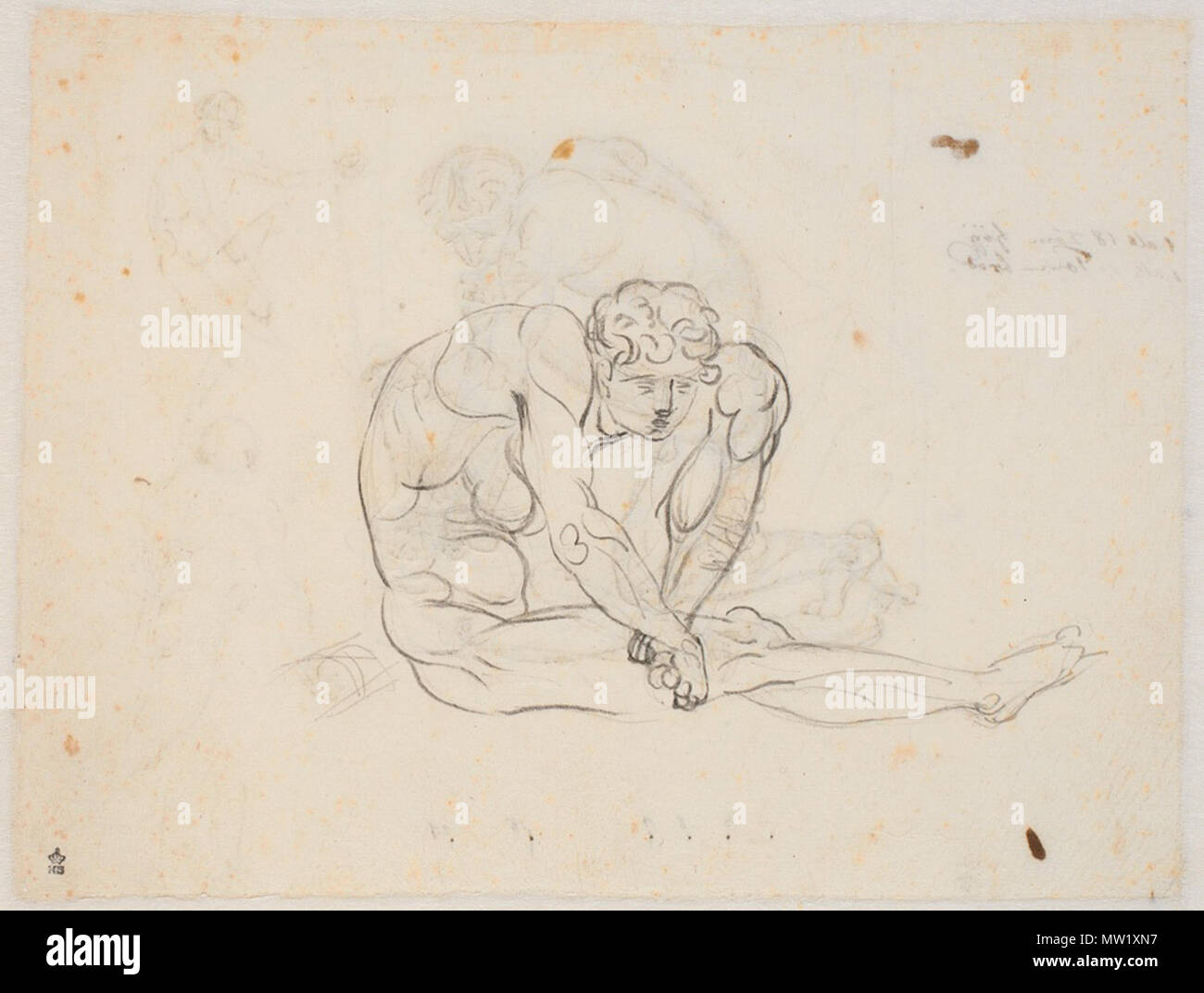 . Dansk: Nicolai Abildgaard Dansk, 11-09-1743 - 04-06-1809 Udkast til Filoktet-figuren, (ca. 1774-1775) TEKNIK: Blyant Dimensione: 168 x 223 mm ERHVERVELSE: Erhvervelsesår ubekendt. Erhvervet før registrerings påbegyndelse ho 1887 - Før 1887 INV.nr.: KKSgb3601 verso . 29 maggio 2015. Nicolai Abildgaard (1743-1809) Descrizione pittore danese, designer e architetto, scultore e docente universitario Data di nascita e morte 11 Settembre 1743 4 Giugno 1809 Luogo di nascita e morte Copenhagen Copenhagen periodo di lavoro romanticismo la posizione di lavoro di Copenaghen (1764); Roma (1772 - 1777) Autorità di controllo : Q31 Foto Stock