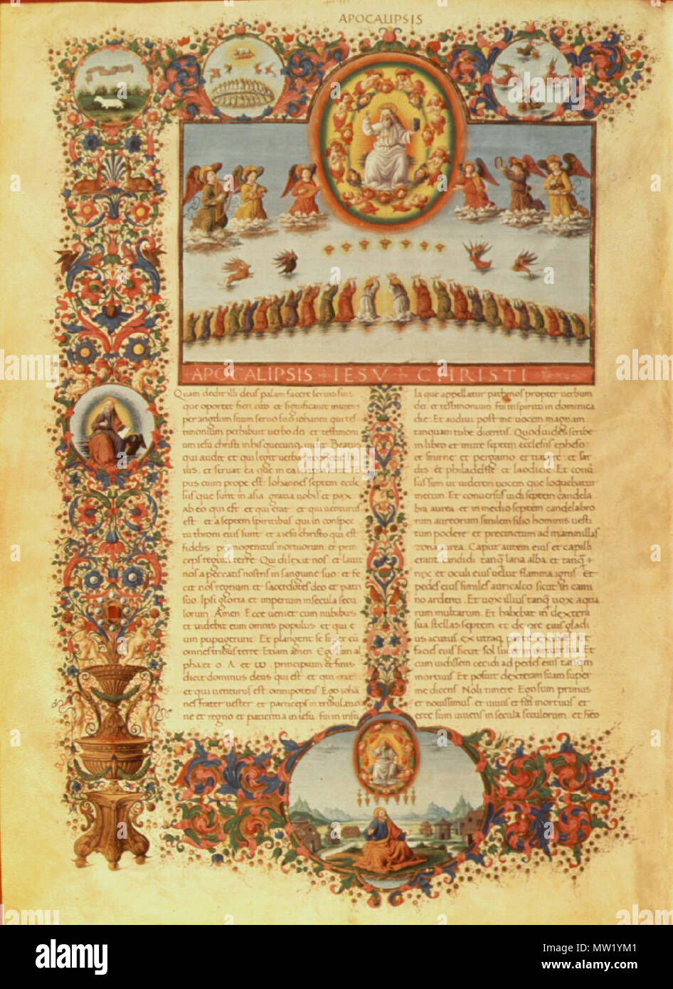 . Urbino La Bibbia da Francesco di Antonio del Chierico questa Bibbia è stata commissionata da Federico da Montefeltro, duca di Urbino (regnò 1474-1482), che ha compilato una vasta biblioteca che al suo apice si vantava 1.000 volumi. A tale scopo egli ha ordinato lussuose e decorate lussuosamente di codices che sono stati illustrati in poi lo stile moderno del primo Rinascimento e dedicato a carattere scientifico e pratico i temi, alcuni anche a soggetti religiosi. Manoscritto (Ms. Urb. lat. 1, 2, 2 volumi), 596 x 442 mm Biblioteca Apostolica, Vaticano . 1476-78. Bottega Fiorentina sotto la direzione di Francesc Foto Stock