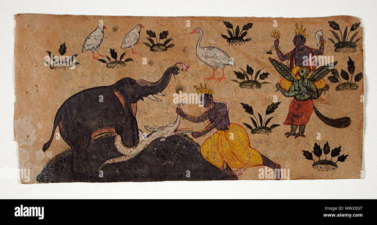 . Inglese: India, Himachal Pradesh, Chamba/Mandi, Asia meridionale Vishnu salvataggio il Re degli Elefanti, circa 1675 Pittura; acquerello, opaco acquerello su carta, 4 x 8 1/4 in. (10,16 x 20,96 cm) acquistati con fondi forniti da Dorothy e Richard Sherwood e l'arte indiana per scopi speciali (Fondo M.81.350.1) a sud e sud-est asiatico Dipartimento Arte. . Circa 1675 635 Vishnu salvataggio il Re degli Elefanti Foto Stock